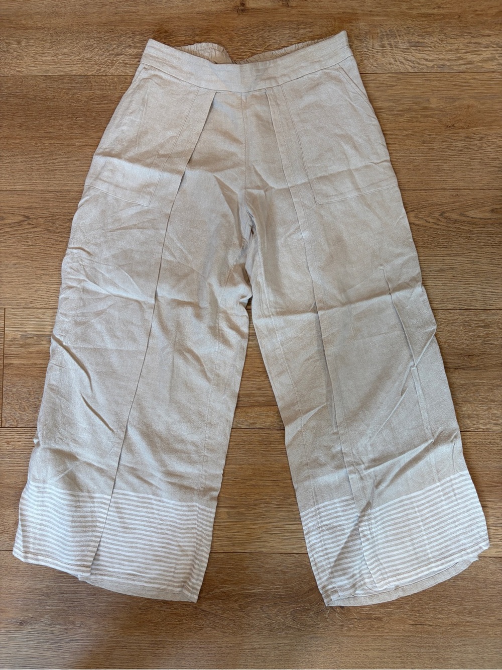 Pure Jill Linen Blend Wide Leg Crop Pants XS Oatmeal Stripe Hem Pull On Coastal